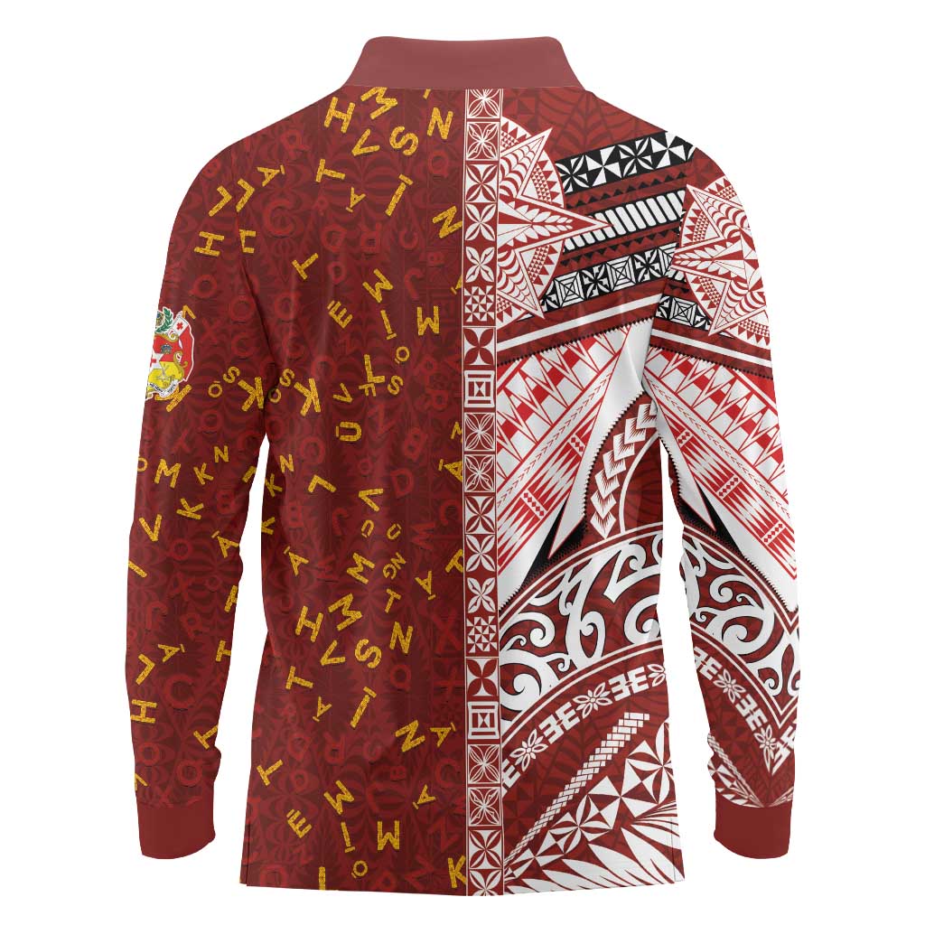 Tonga Language Week Long Sleeve Polo Shirt Ngatu Pattern and Tongan Alphabet - Polynesian Pride