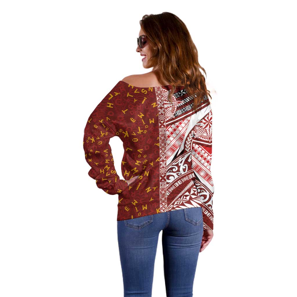 Tonga Language Week Off Shoulder Sweater Ngatu Pattern and Tongan Alphabet - Polynesian Pride