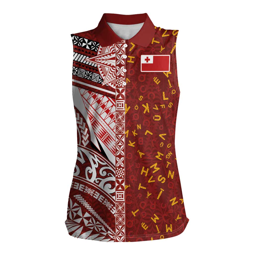 Tonga Language Week Women Sleeveless Polo Shirt Ngatu Pattern and Tongan Alphabet - Polynesian Pride
