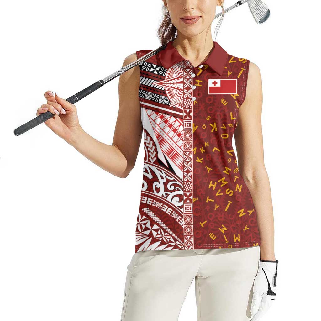 Tonga Language Week Women Sleeveless Polo Shirt Ngatu Pattern and Tongan Alphabet - Polynesian Pride