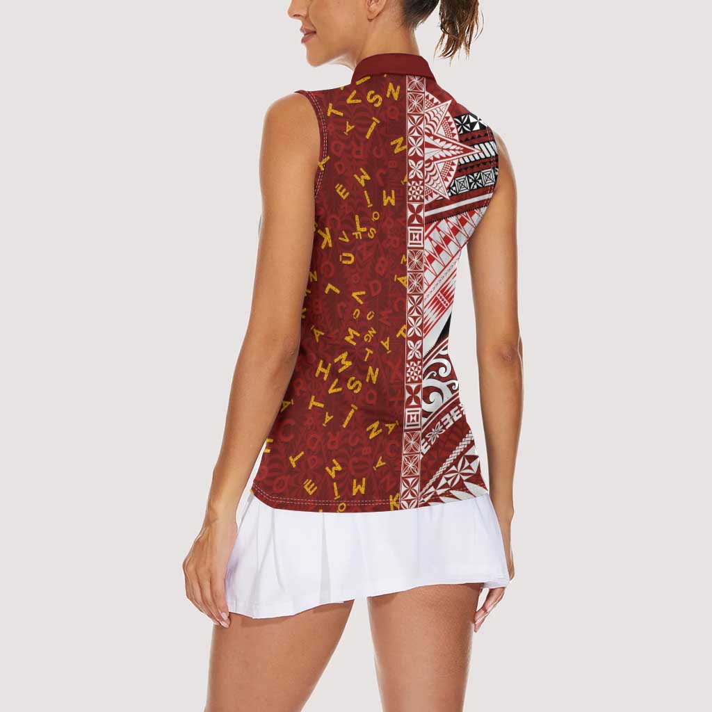 Tonga Language Week Women Sleeveless Polo Shirt Ngatu Pattern and Tongan Alphabet - Polynesian Pride