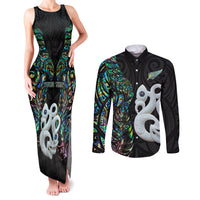 Custom New Zealand Couples Matching Tank Maxi Dress and Long Sleeve Button Shirts Silver Fern and Manaia with Papua Shell Maori Tribal LT03 White - Polynesian Pride
