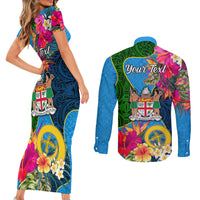 Personalised Malampa Fiji Day Couples Matching Short Sleeve Bodycon Dress and Long Sleeve Button Shirts Tropical Plants Mix Polynesian and Tapa Pattern LT03 - Polynesian Pride
