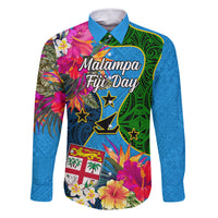 Personalised Malampa Fiji Day Family Matching Summer Maxi Dress and Hawaiian Shirt Tropical Plants Mix Polynesian and Tapa Pattern LT03 Dad's Shirt - Long Sleeve Blue - Polynesian Pride