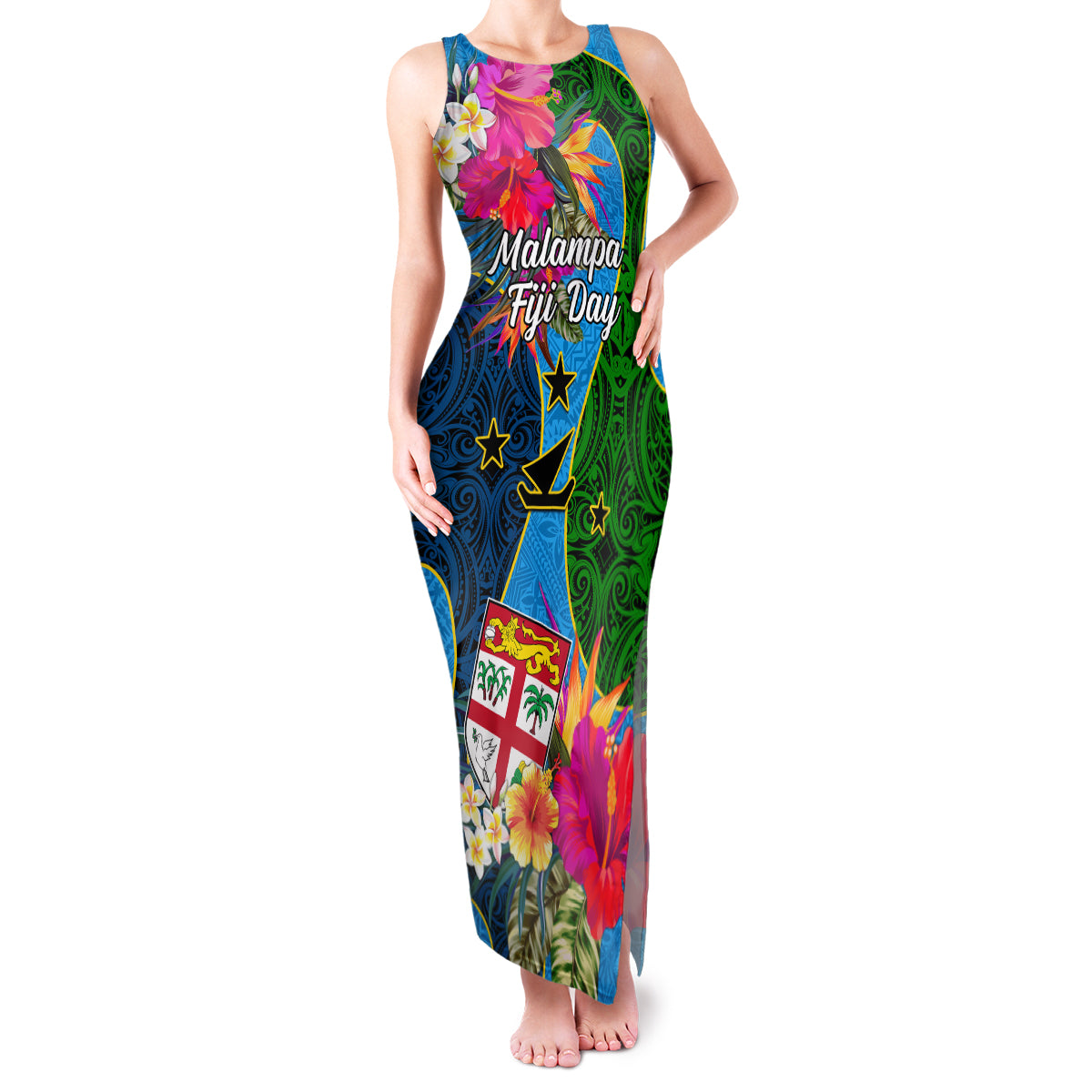 Personalised Malampa Fiji Day Family Matching Tank Maxi Dress and Hawaiian Shirt Tropical Plants Mix Polynesian and Tapa Pattern LT03 Mom's Dress Blue - Polynesian Pride