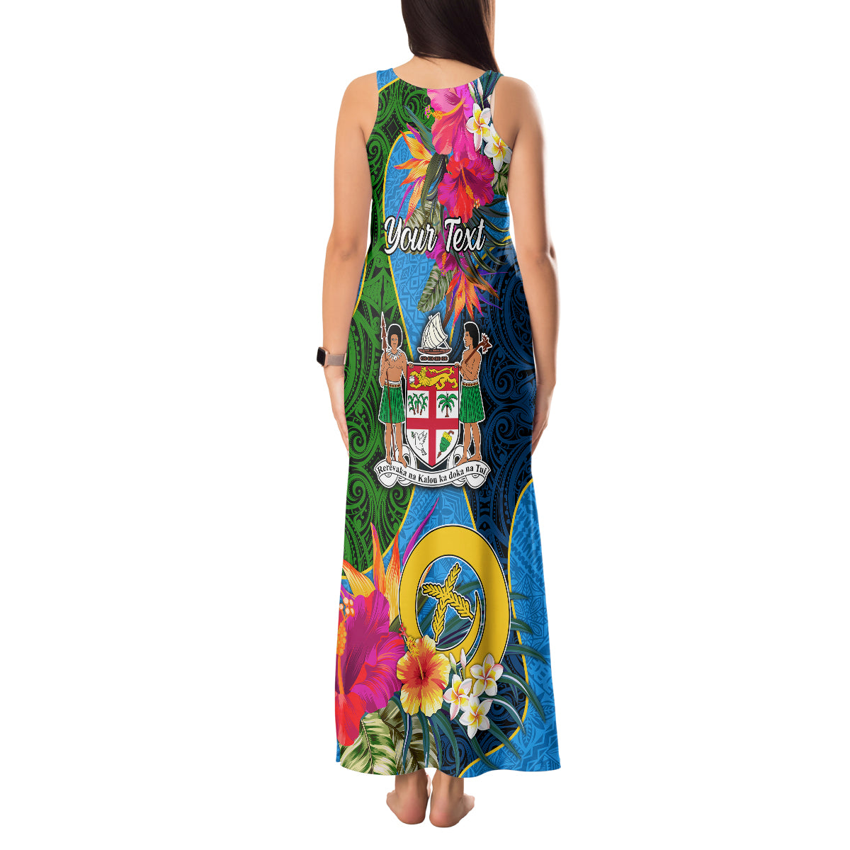 Personalised Malampa Fiji Day Tank Maxi Dress Tropical Plants Mix Polynesian and Tapa Pattern LT03 - Polynesian Pride
