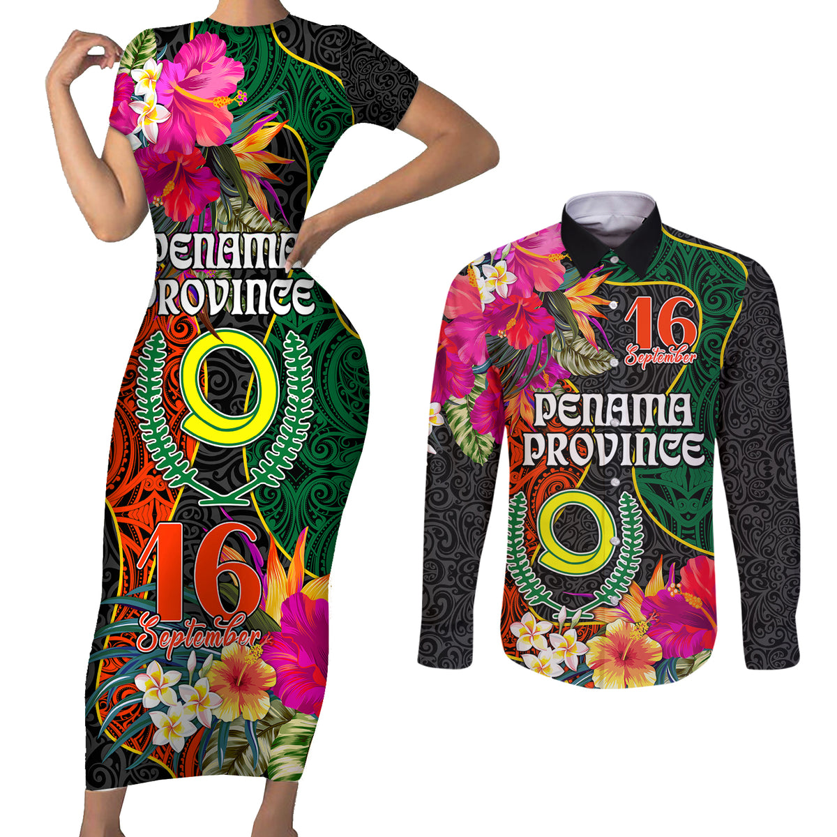 Personalised Penama Day Couples Matching Short Sleeve Bodycon Dress and Long Sleeve Button Shirts Proud To Be A Ni-Van Beauty Pacific Flower LT03 Black - Polynesian Pride