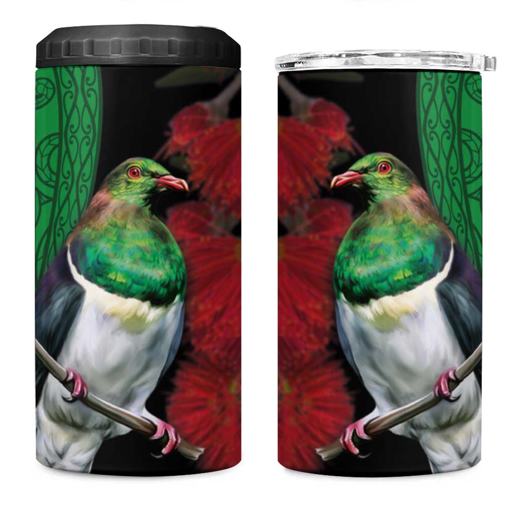 New Zealand Kereru And Pohutukawa 4 in 1 Can Cooler Tumbler Maori Tribal Tattoo LT03 One Size: 16 oz Black - Polynesian Pride