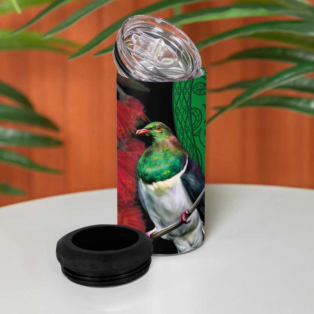 New Zealand Kereru And Pohutukawa 4 in 1 Can Cooler Tumbler Maori Tribal Tattoo LT03 - Polynesian Pride