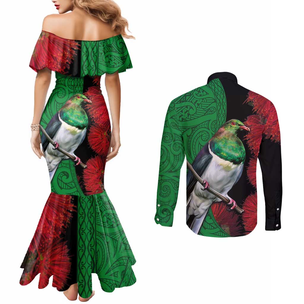 New Zealand Kereru And Pohutukawa Couples Matching Mermaid Dress and Long Sleeve Button Shirt Maori Tribal Tattoo LT03 - Polynesian Pride