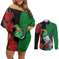 New Zealand Kereru And Pohutukawa Couples Matching Off Shoulder Short Dress and Long Sleeve Button Shirt Maori Tribal Tattoo LT03 Black - Polynesian Pride