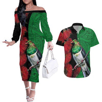 New Zealand Kereru And Pohutukawa Couples Matching Off The Shoulder Long Sleeve Dress and Hawaiian Shirt Maori Tribal Tattoo LT03 Black - Polynesian Pride