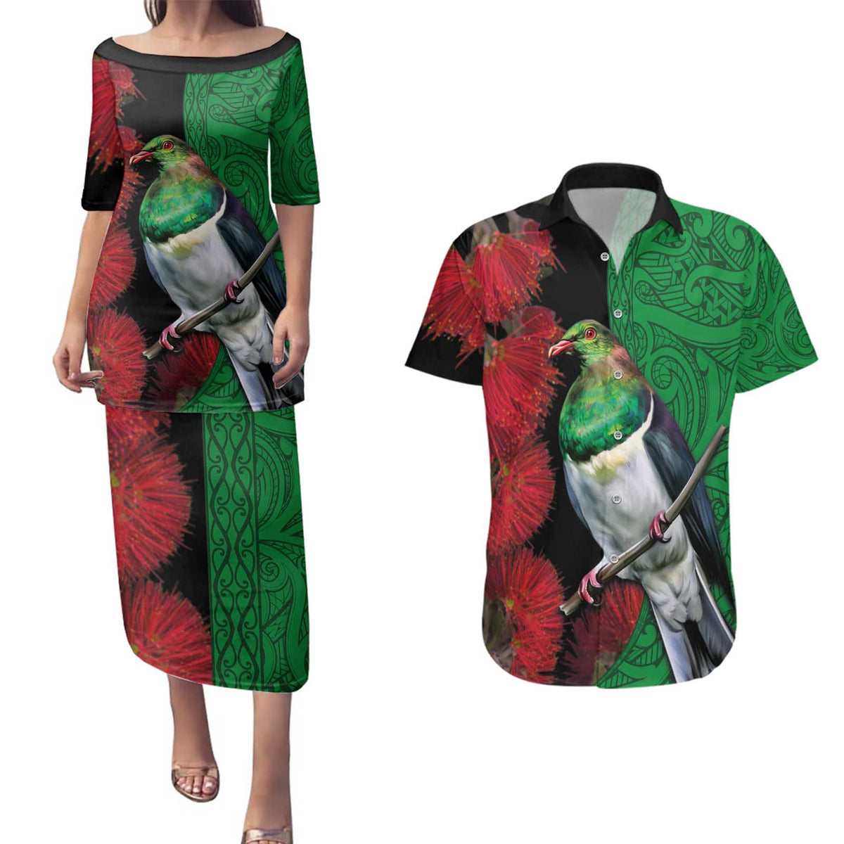 New Zealand Kereru And Pohutukawa Couples Matching Puletasi and Hawaiian Shirt Maori Tribal Tattoo LT03 Black - Polynesian Pride