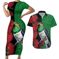 New Zealand Kereru And Pohutukawa Couples Matching Short Sleeve Bodycon Dress and Hawaiian Shirt Maori Tribal Tattoo LT03 Black - Polynesian Pride