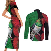 New Zealand Kereru And Pohutukawa Couples Matching Short Sleeve Bodycon Dress and Long Sleeve Button Shirt Maori Tribal Tattoo LT03 - Polynesian Pride
