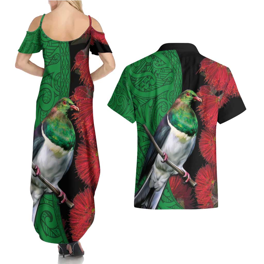 New Zealand Kereru And Pohutukawa Couples Matching Summer Maxi Dress and Hawaiian Shirt Maori Tribal Tattoo LT03 - Polynesian Pride