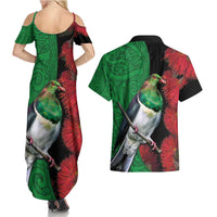 New Zealand Kereru And Pohutukawa Couples Matching Summer Maxi Dress and Hawaiian Shirt Maori Tribal Tattoo LT03 - Polynesian Pride
