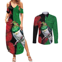 New Zealand Kereru And Pohutukawa Couples Matching Summer Maxi Dress and Long Sleeve Button Shirt Maori Tribal Tattoo LT03 Black - Polynesian Pride
