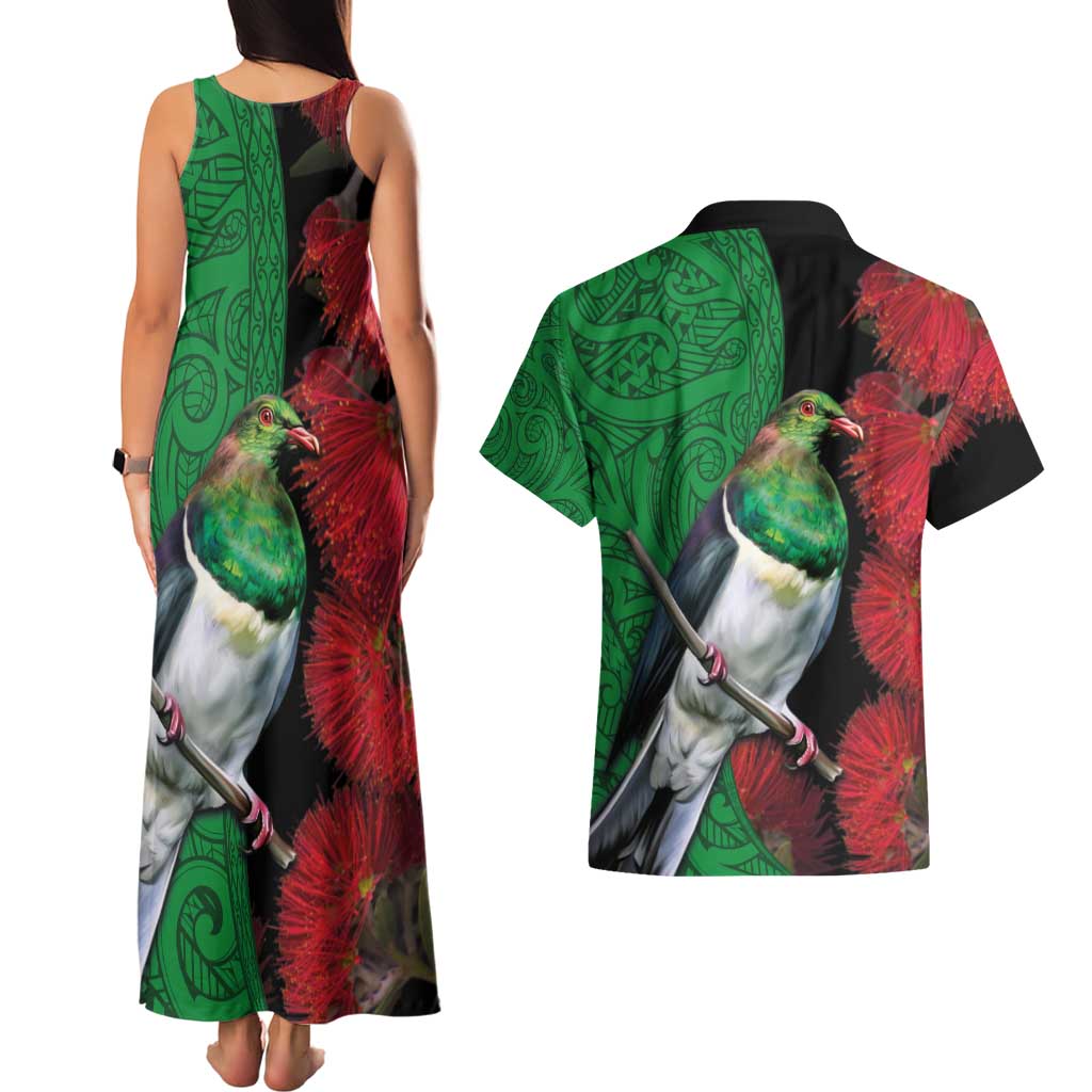 New Zealand Kereru And Pohutukawa Couples Matching Tank Maxi Dress and Hawaiian Shirt Maori Tribal Tattoo LT03 - Polynesian Pride