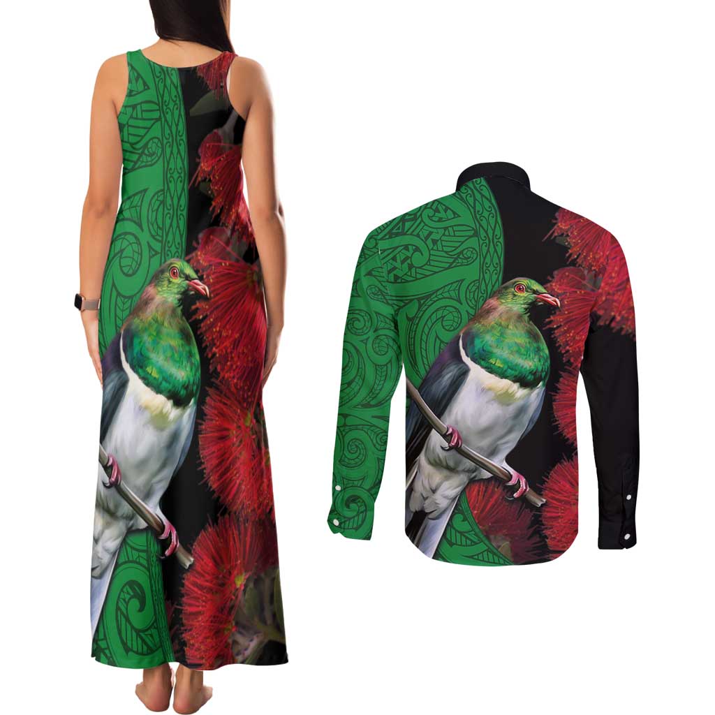New Zealand Kereru And Pohutukawa Couples Matching Tank Maxi Dress and Long Sleeve Button Shirt Maori Tribal Tattoo LT03 - Polynesian Pride