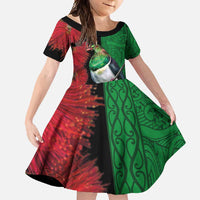 New Zealand Kereru And Pohutukawa Family Matching Long Sleeve Bodycon Dress and Hawaiian Shirt Maori Tribal Tattoo LT03 Daughter's Dress Black - Polynesian Pride