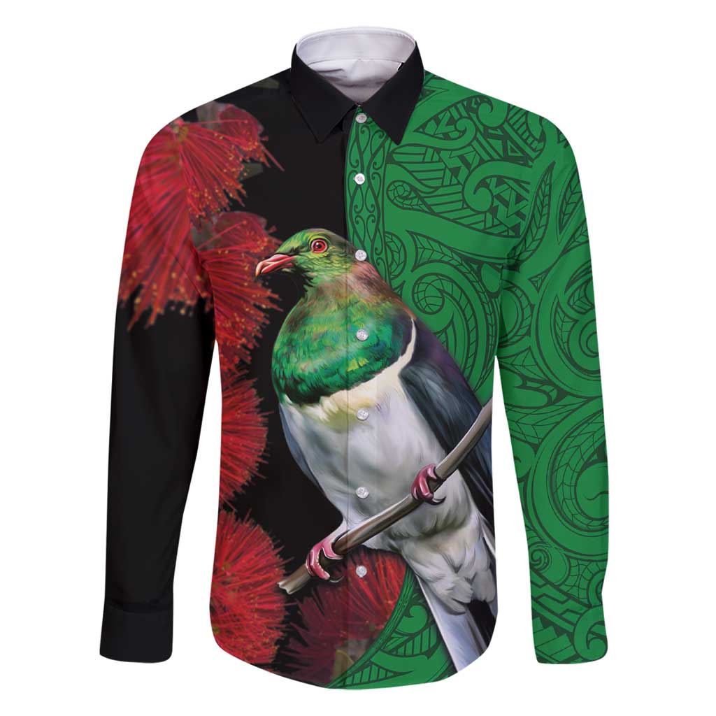 New Zealand Kereru And Pohutukawa Family Matching Long Sleeve Bodycon Dress and Hawaiian Shirt Maori Tribal Tattoo LT03 Dad's Shirt - Long Sleeve Black - Polynesian Pride