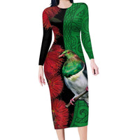 New Zealand Kereru And Pohutukawa Family Matching Long Sleeve Bodycon Dress and Hawaiian Shirt Maori Tribal Tattoo LT03 Mom's Dress Black - Polynesian Pride