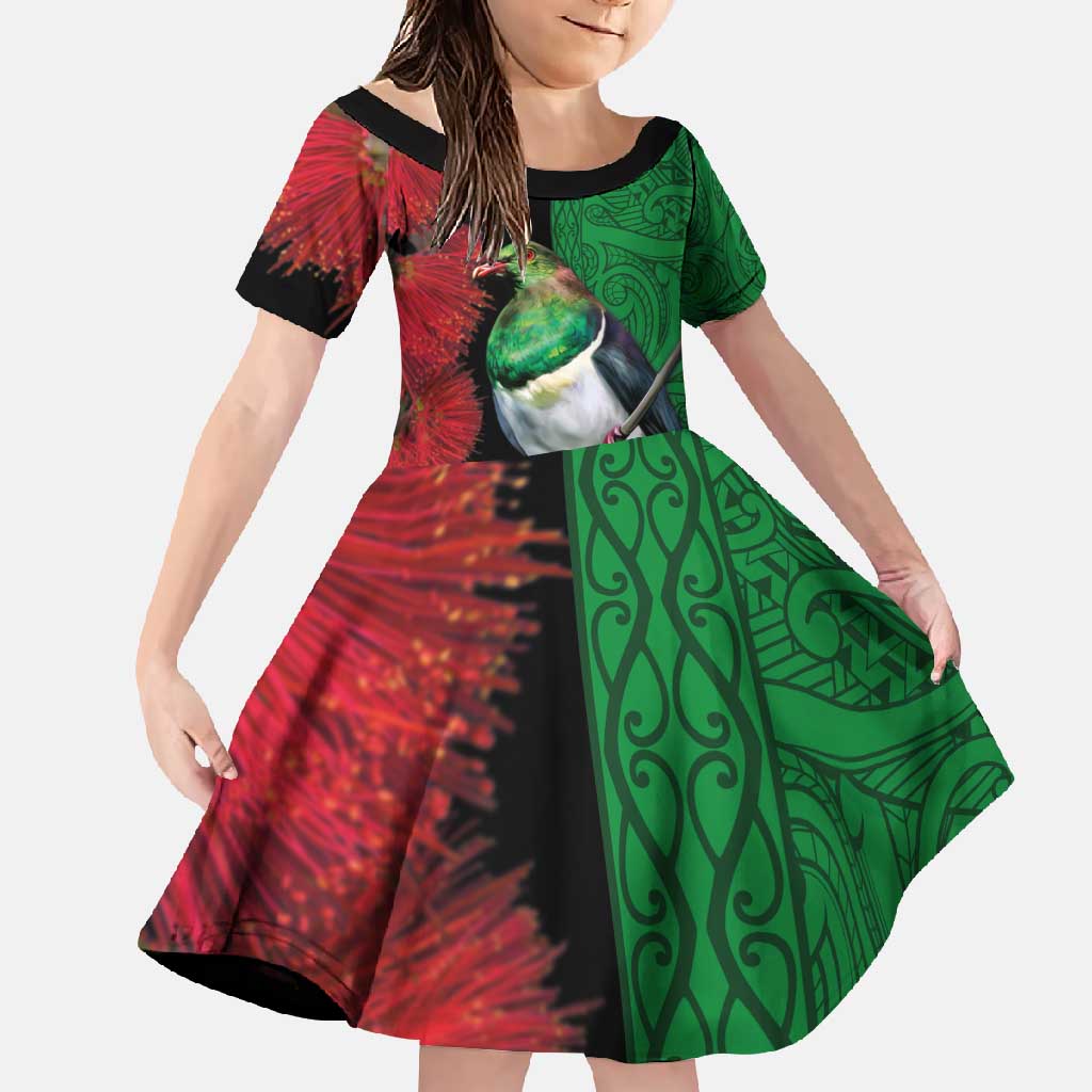 New Zealand Kereru And Pohutukawa Family Matching Mermaid Dress and Hawaiian Shirt Maori Tribal Tattoo LT03 Daughter's Dress Black - Polynesian Pride