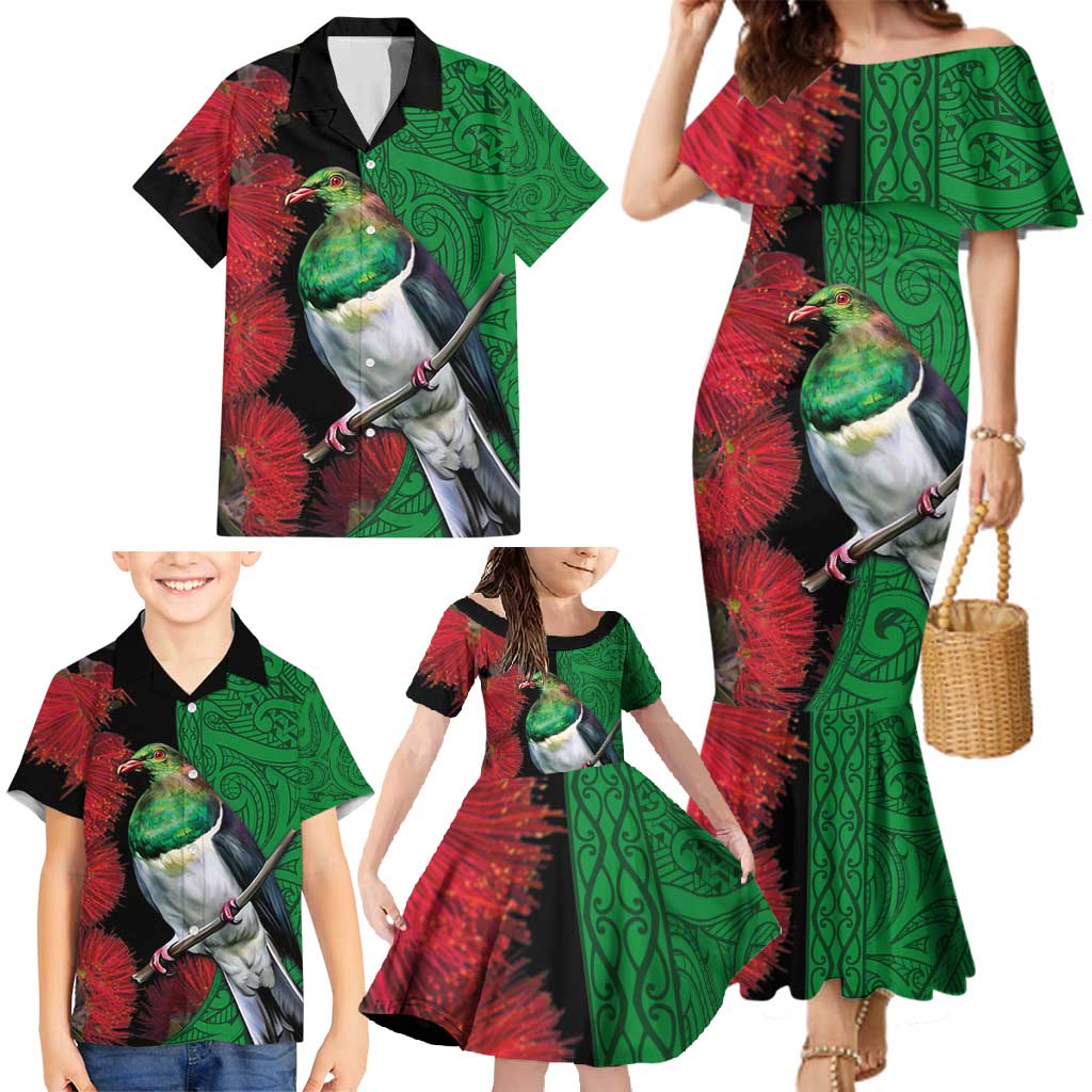 New Zealand Kereru And Pohutukawa Family Matching Mermaid Dress and Hawaiian Shirt Maori Tribal Tattoo LT03 - Polynesian Pride