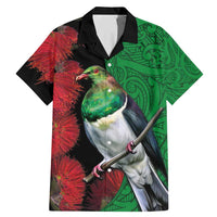New Zealand Kereru And Pohutukawa Family Matching Mermaid Dress and Hawaiian Shirt Maori Tribal Tattoo LT03 Dad's Shirt - Short Sleeve Black - Polynesian Pride