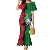 New Zealand Kereru And Pohutukawa Family Matching Mermaid Dress and Hawaiian Shirt Maori Tribal Tattoo LT03 Mom's Dress Black - Polynesian Pride