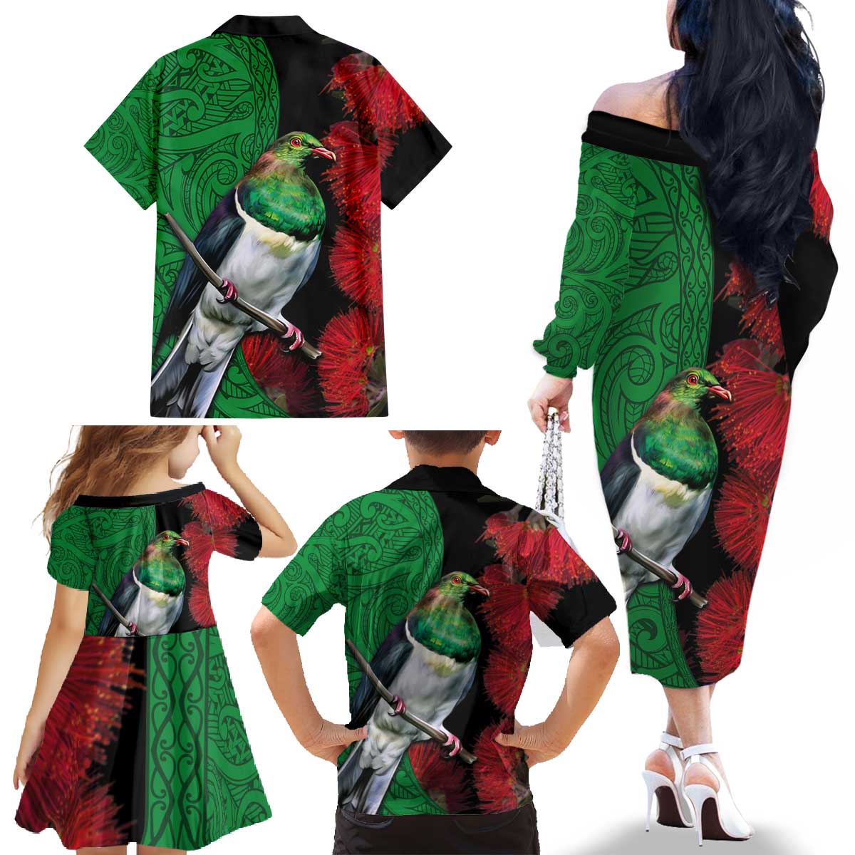 New Zealand Kereru And Pohutukawa Family Matching Off The Shoulder Long Sleeve Dress and Hawaiian Shirt Maori Tribal Tattoo LT03 - Polynesian Pride