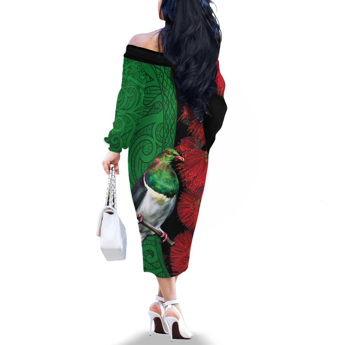 New Zealand Kereru And Pohutukawa Family Matching Off The Shoulder Long Sleeve Dress and Hawaiian Shirt Maori Tribal Tattoo LT03 - Polynesian Pride