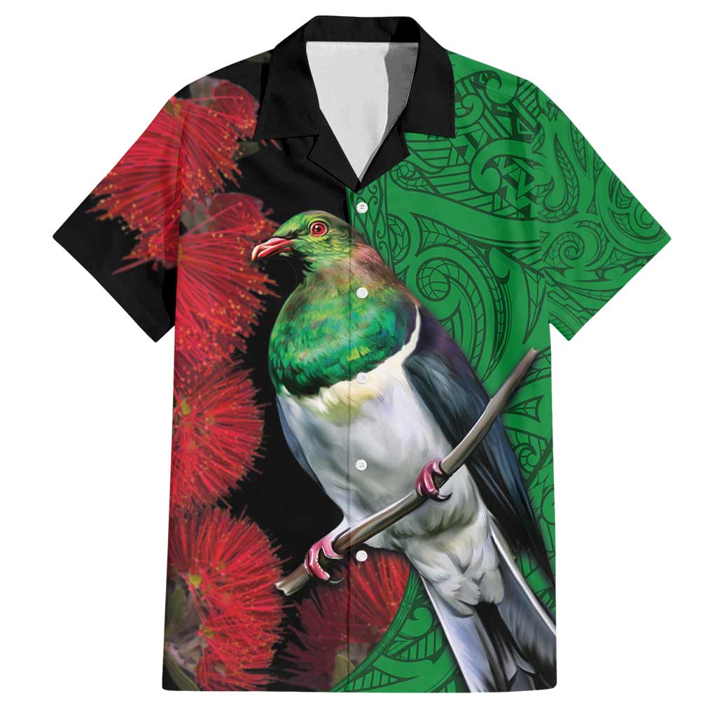 New Zealand Kereru And Pohutukawa Family Matching Off Shoulder Maxi Dress and Hawaiian Shirt Maori Tribal Tattoo LT03 Dad's Shirt - Short Sleeve Black - Polynesian Pride