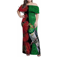 New Zealand Kereru And Pohutukawa Family Matching Off Shoulder Maxi Dress and Hawaiian Shirt Maori Tribal Tattoo LT03 Mom's Dress Black - Polynesian Pride