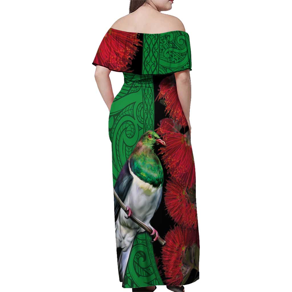 New Zealand Kereru And Pohutukawa Family Matching Off Shoulder Maxi Dress and Hawaiian Shirt Maori Tribal Tattoo LT03 - Polynesian Pride