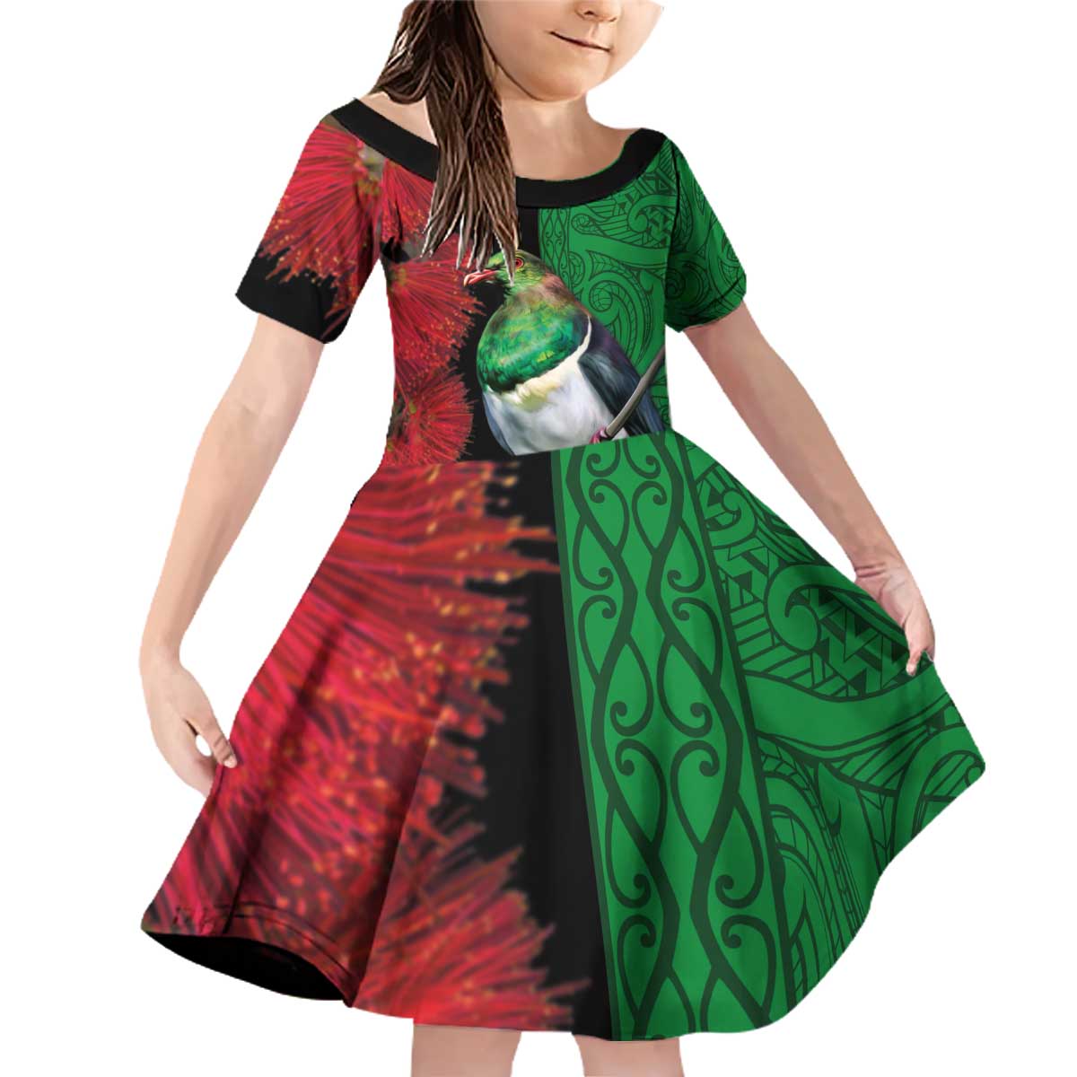 New Zealand Kereru And Pohutukawa Family Matching Off Shoulder Short Dress and Hawaiian Shirt Maori Tribal Tattoo LT03 Daughter's Dress Black - Polynesian Pride