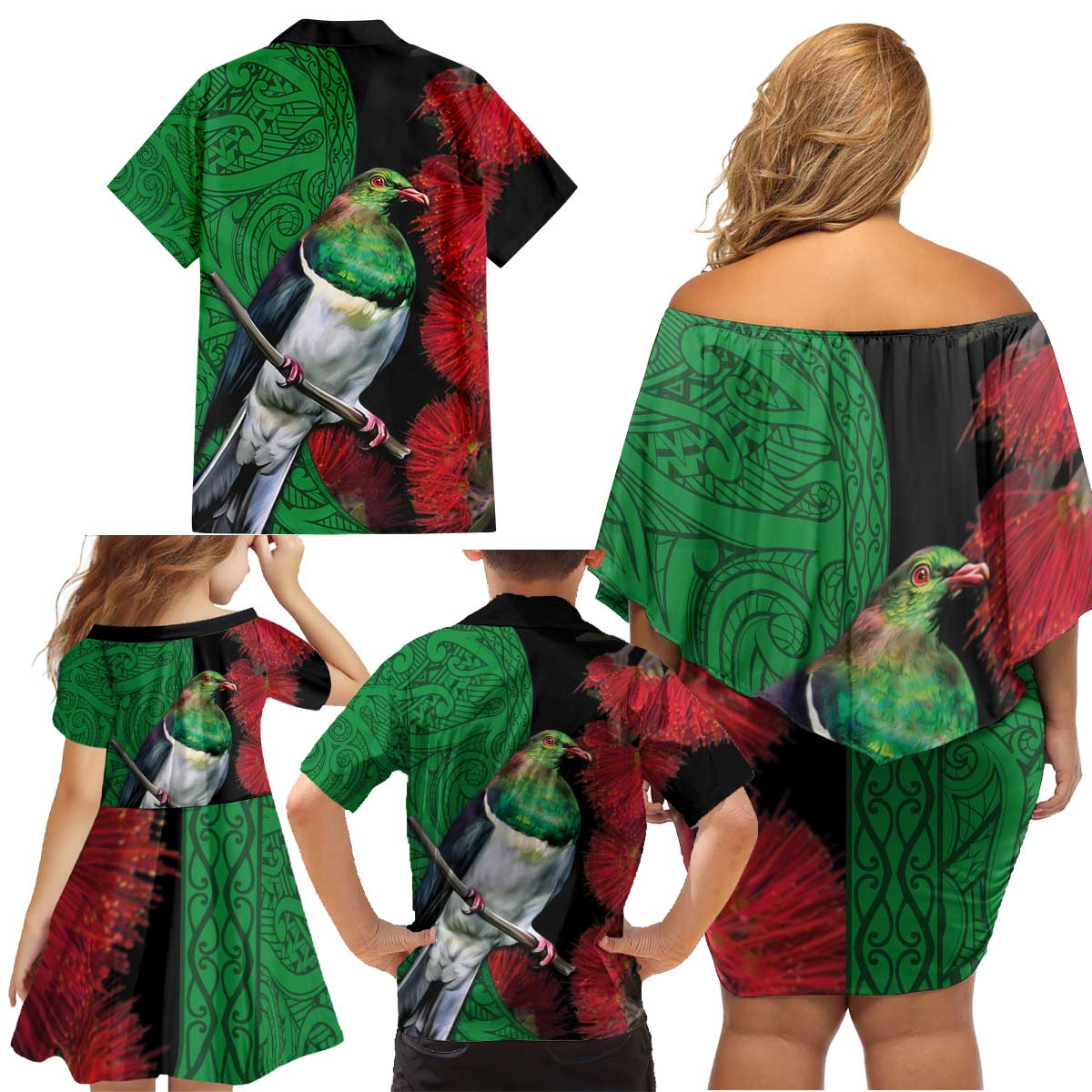 New Zealand Kereru And Pohutukawa Family Matching Off Shoulder Short Dress and Hawaiian Shirt Maori Tribal Tattoo LT03 - Polynesian Pride
