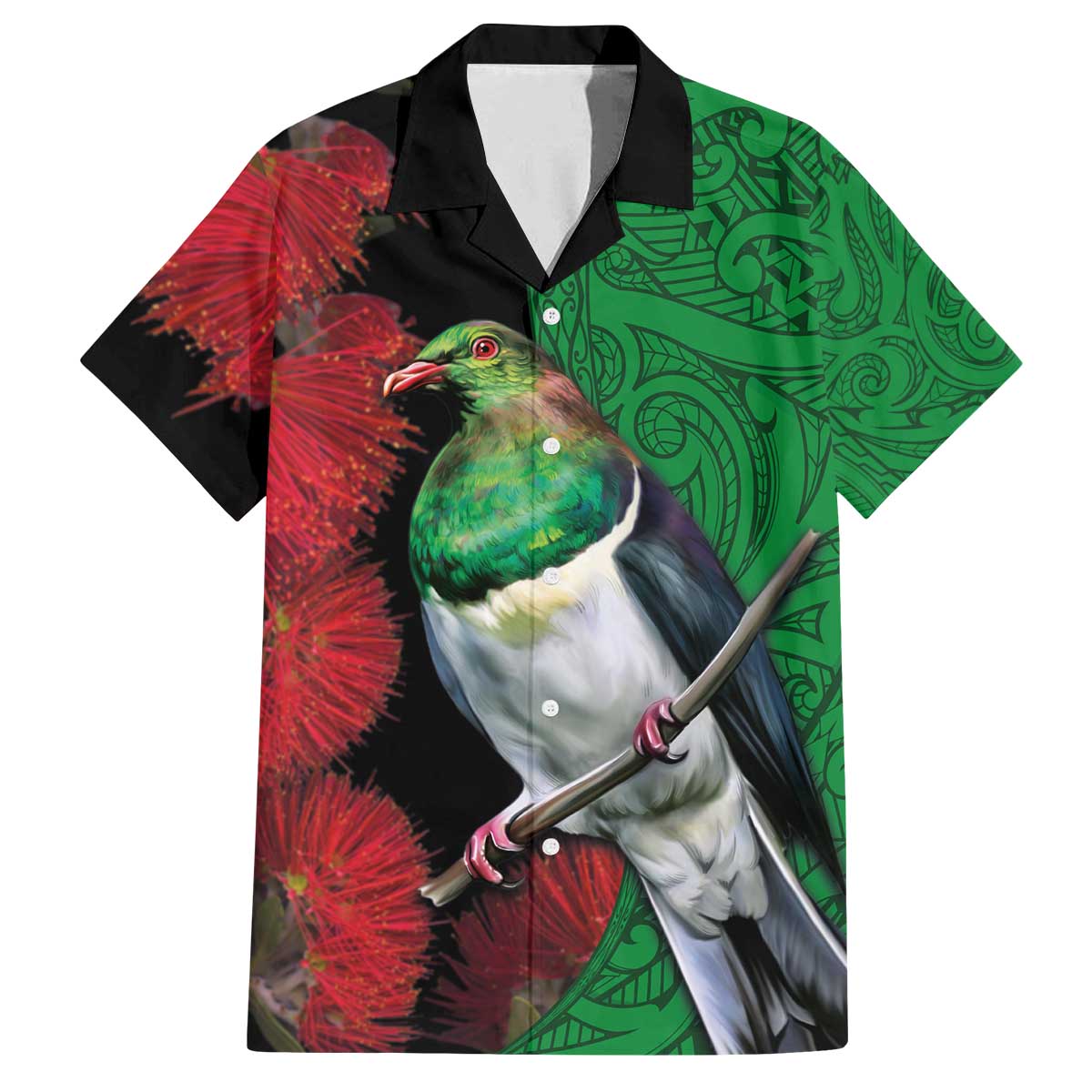 New Zealand Kereru And Pohutukawa Family Matching Off Shoulder Short Dress and Hawaiian Shirt Maori Tribal Tattoo LT03 Dad's Shirt - Short Sleeve Black - Polynesian Pride