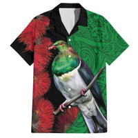 New Zealand Kereru And Pohutukawa Family Matching Off Shoulder Short Dress and Hawaiian Shirt Maori Tribal Tattoo LT03 Dad's Shirt - Short Sleeve Black - Polynesian Pride