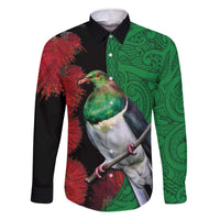 New Zealand Kereru And Pohutukawa Family Matching Off Shoulder Short Dress and Hawaiian Shirt Maori Tribal Tattoo LT03 Dad's Shirt - Long Sleeve Black - Polynesian Pride