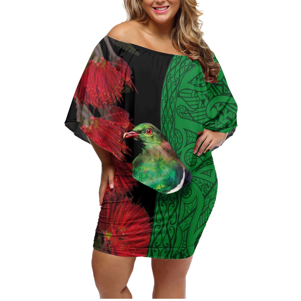 New Zealand Kereru And Pohutukawa Family Matching Off Shoulder Short Dress and Hawaiian Shirt Maori Tribal Tattoo LT03 Mom's Dress Black - Polynesian Pride