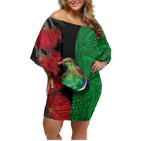 New Zealand Kereru And Pohutukawa Family Matching Off Shoulder Short Dress and Hawaiian Shirt Maori Tribal Tattoo LT03 Mom's Dress Black - Polynesian Pride