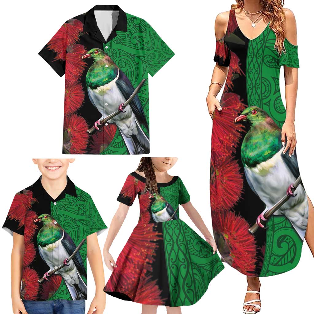 New Zealand Kereru And Pohutukawa Family Matching Summer Maxi Dress and Hawaiian Shirt Maori Tribal Tattoo LT03 - Polynesian Pride