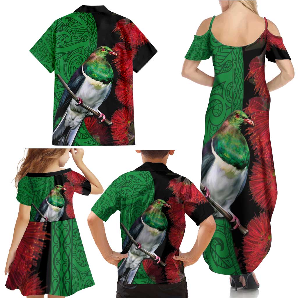 New Zealand Kereru And Pohutukawa Family Matching Summer Maxi Dress and Hawaiian Shirt Maori Tribal Tattoo LT03 - Polynesian Pride