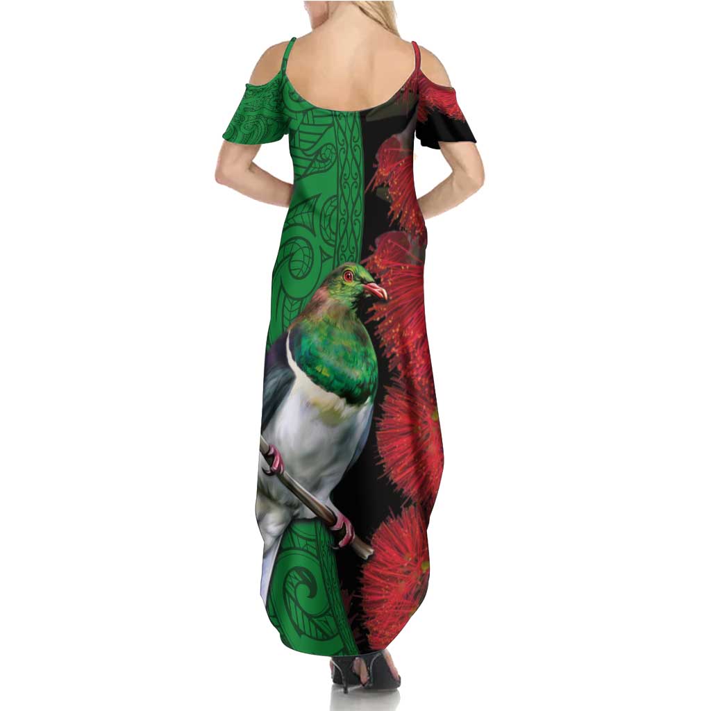 New Zealand Kereru And Pohutukawa Family Matching Summer Maxi Dress and Hawaiian Shirt Maori Tribal Tattoo LT03 - Polynesian Pride