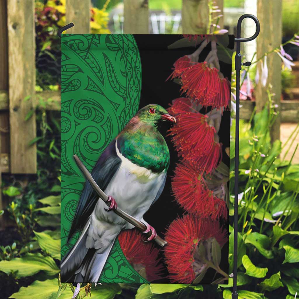 New Zealand Kereru And Pohutukawa Garden Flag Maori Tribal Tattoo LT03 Garden Flag Black - Polynesian Pride