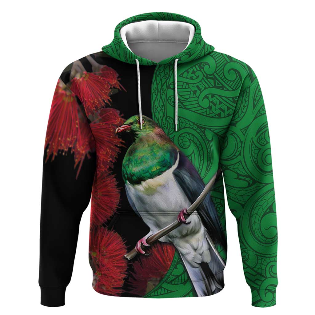 New Zealand Kereru And Pohutukawa Hoodie Maori Tribal Tattoo LT03 Pullover Hoodie Black - Polynesian Pride