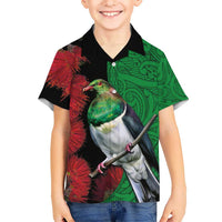 New Zealand Kereru And Pohutukawa Kid Hawaiian Shirt Maori Tribal Tattoo LT03 Kid Black - Polynesian Pride