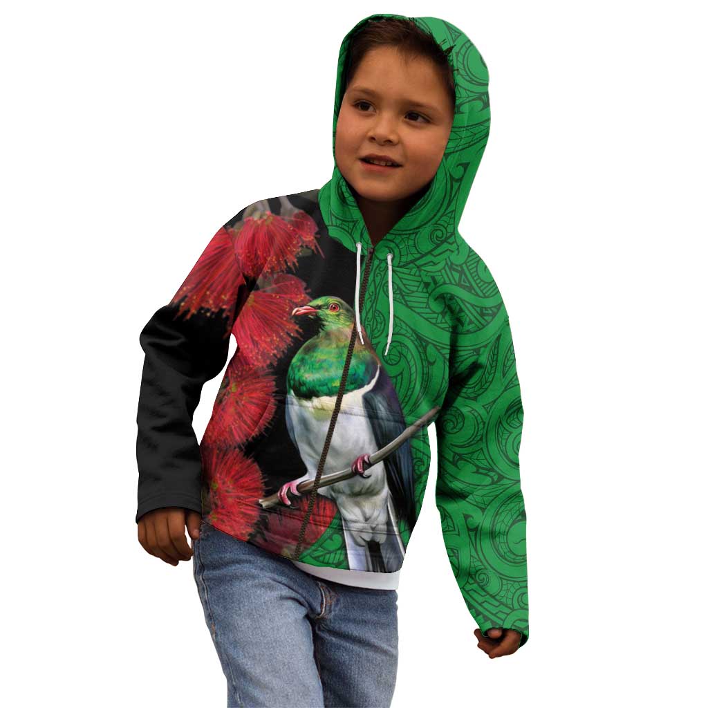 New Zealand Kereru And Pohutukawa Kid Hoodie Maori Tribal Tattoo LT03 - Polynesian Pride
